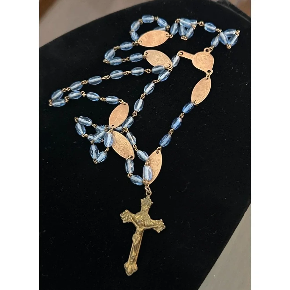 Blue Glass Beads Rosary Crucifix / Mother Mary/Sacred Heart Seven Sorrows
